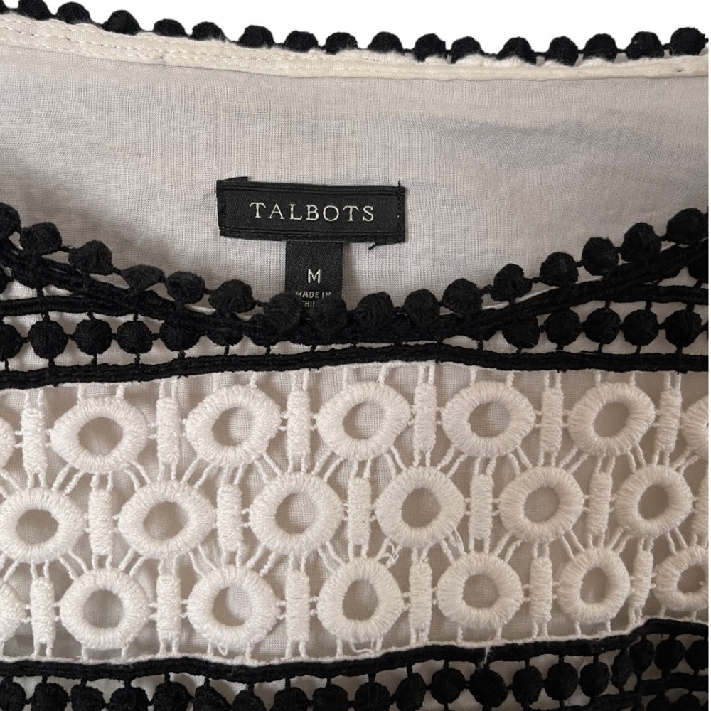 Talbots Crochet‎ Lace Overlay Striped Blouse Top Black Ivory Lined 3/4 Sleeves M - Picture 5 of 6